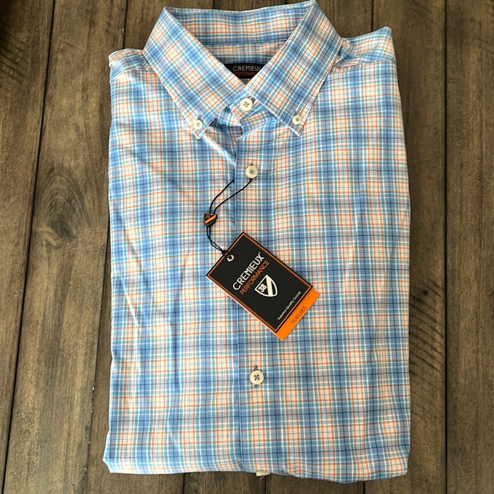 NWT Cremieux Performance (L) Long Sleeved Blues/White/Orange Plaid Button Down - Picture 1 of 4